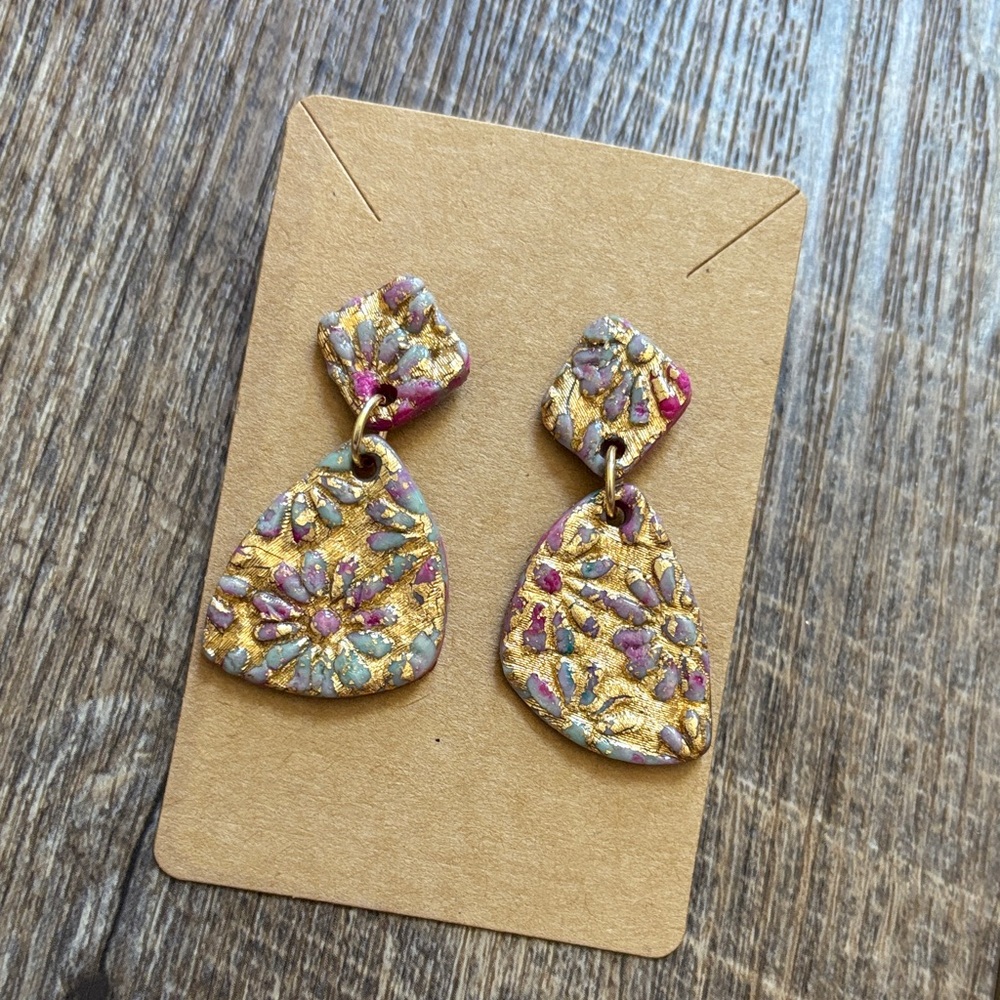 Purple and Blue Floral Drop Polymer Clay Earrings with Gold- Women’s Jewelry